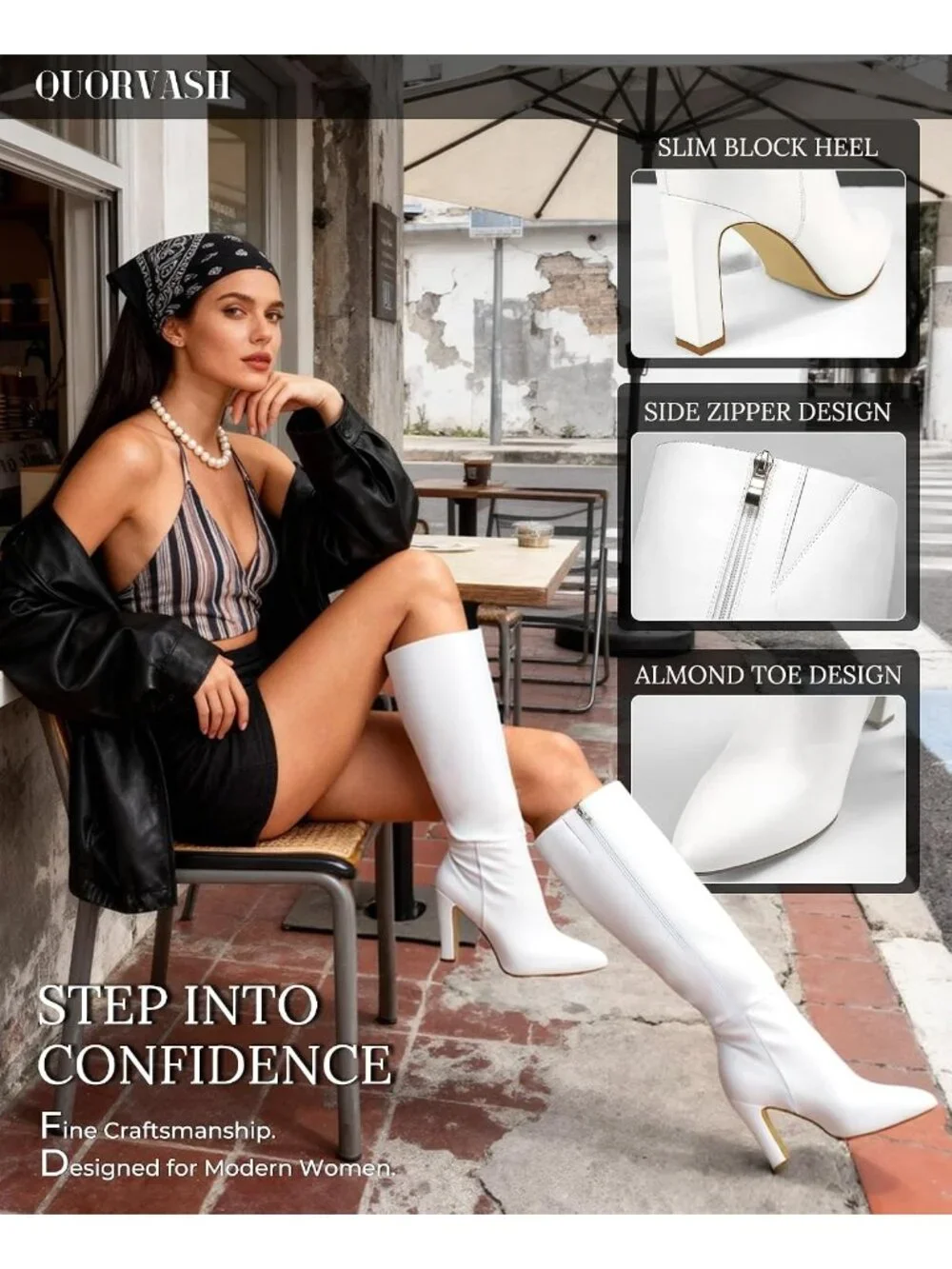 Women's White Long Elastic Leather Mid Block Heel Pointed Toe Knee High Boots
